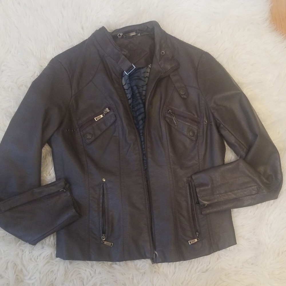 Jou Jou Faux Leather Gray Moto Jacket - Large
